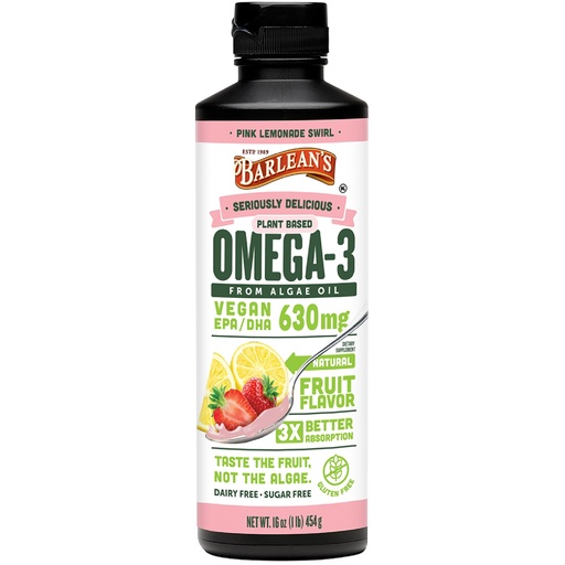 [BRSRMZAOBYCBSCTU] Barlean's Pink Lemonade Vegan Omega 3 Supplement, Liquid Algae Oil with 630 mg EPA & DHA, Plant Based Omegas from Algal Oil, Non-GMO & Gluten Free, 16 oz
