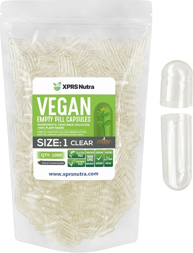 [BRSWGCTROF5RGDI2] XPRS Nutra Size 1 Empty Capsules - 1000 Count Clear Empty Vegan Capsules - Vegetarian Pills - DIY Vegetable Capsule Filling- Veggie Pill Caps for Do-It-Yourself Supplements