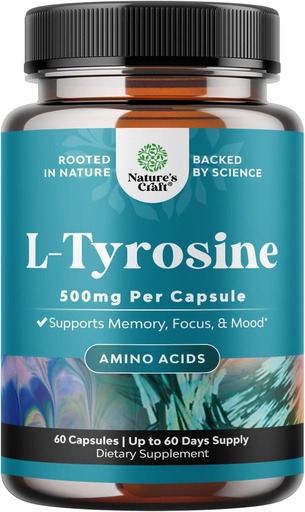 [BRSROYD4O4GROFDD] 自由形式 L Tyrosine 500mg Capsules - 高强度 L-Tyrosine 补充精神能量和焦点支持 - 氨基酸 Nootropic 补充 Mood 关注和认知(60 Counter)