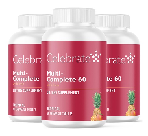 [BRSWKHALCUBQY3TB] Celebrate Vitamins Multi-Complete Chewables, 60mg Iron – Daily Bariatric Multivitamin for Sleeve Gastrectomy & Gastric Bypass Surgery Patients – Essential Vitamins & Minerals - Tropical (180 Tablets)
