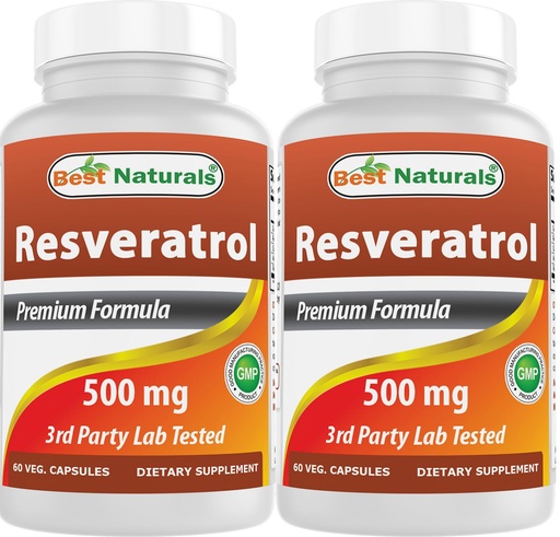 [BRSRAFT4AEDRQDQU] Best Naturals 2 Packs Resveratrol Complex 500 mg 60 Veg Capsules Made with Grape Skin, Red Wine, Quercetin - Gluten Free & Non GMO - (Total 120 Capsules)