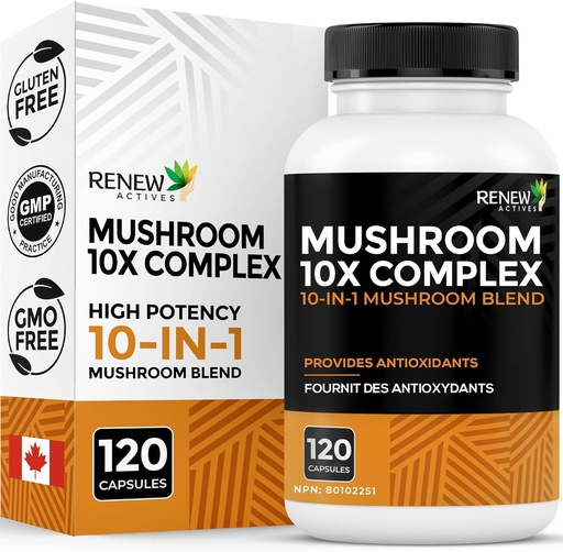 [BRSWYEL3PN5A43AV] RENEW ACTIVES Mushroom Complex 2 Capsules per Serving – 10 Mushroom Blend with Antioxidants for Immune Health & Wellness – Supports Overall Vitality & Long-Term Wellness –Made in Canada - 120 Capsules