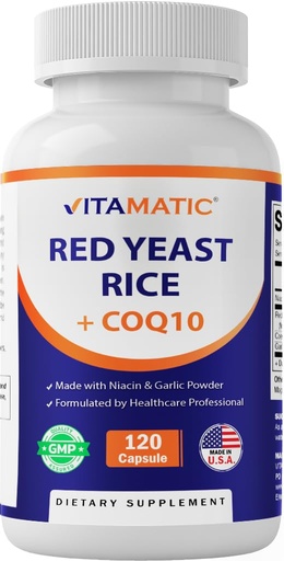 [BRSRAAINCACRUFDG] Vitamatic Citrinin-Free Red Yeast Rice 1200 mg. Capsules with CoQ10 100mg, Flush Free Niacin 100mg, & Garlic Powder 20mg - 120 Veg Capsules
