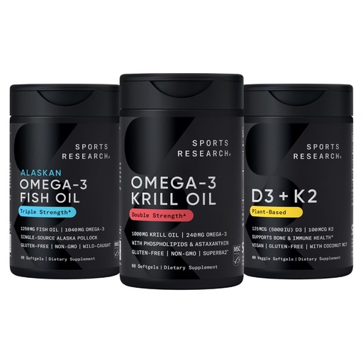 [BRSRAAQQBYCAMH3V] Sports Research Antarctic Krill Oil Omega 3 1000mg (Double Strength) with Phospholipids, Choline & Astaxanthin, Triple Strength Omega 3 Fish Oil Single-Source Wild Alaska Pollock 1250mg, Vitamin D3 K2