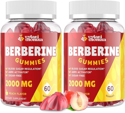 [BRSRAAILAEGWO3TV] 2000mg Berberine Supplement Gummies - High Potency Berberine with Ceylon Cinnamon Candy, Turmeric, Magnesium, Chromium - Sugar Free, Vegan, Non-GMO, Gluten-Free - Peach Flavor 60 Gummies - 2 Pack