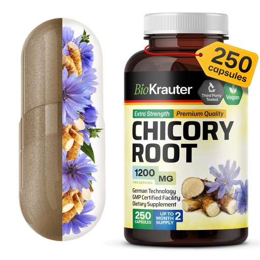 [BRSWGH34CF6B4CLJ] BIO KRAUTER® Chicory Root for Gut & Digestive Support - Pure Vegan Prebiotics & Fiber Supplement in Capsules 1200 mg per Serving 250 Count - No Fillers, Non-GMO - 62 Days of Supply