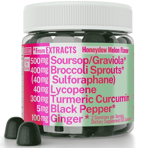 [BRSROHQLCUPWYHY3] Soursop Graviola Curcumin Lycopene Broccoli Sprouts Sulforaphane Extract Gummies with Turmeric Curcumin Ginger Black Pepper, Sour Sop Guyabano Leaf Supplement, Chew Chewable Pills Capsules Supplements