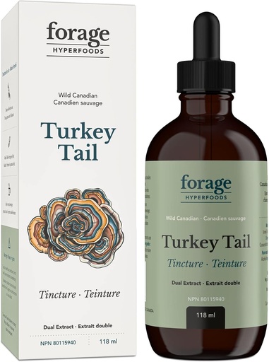 [BRSW2ZI3CQFRE2TG] Forage Hyperfoods- Original Canadian Wild Turkey Tail Mushroom Superfood Liquid Supplement Extract Tincture, Vegan, Non-GMO, Immune System and Gut Health Support, 118ML