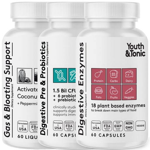 [BRSROBIDBAFBEEIZ] Youth & Tonic Digestion Stomach Support & Detox for Regularity, Gas & Bloating & Gut Health. All Types Digestive Enzymes Probiotics & Prebiotics Charcoal Peppermint & Organic Coconut Oil 180 Pills