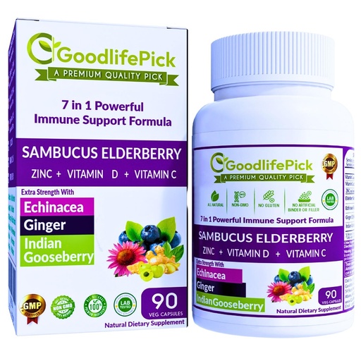 [BRSRMCYHOYMR4AAY] 7 in 1 Elderberry with ZINC, Vitamin C, Vitamin D, Echinacea, Ginger & Indian Gooseberry (Amla).Premium Elderberry Capsules 90 ct, All Natural,Non-GMO,Vegan,No Rice Powder, No-Gluten