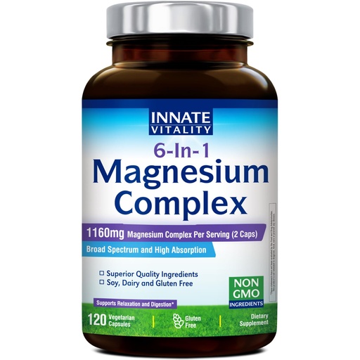 [BRSRAFAEOEPBUDT5] Innate Vitality Magnesium Complex 6-in-1, 1160mg Per Serving, Rest & Digestion, Magnesium Glycinate & Citrate, High Absorption, 120 Vegan Capsules