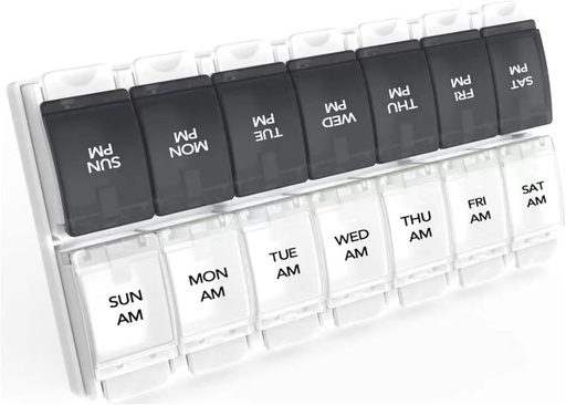 [BRSRMYIBDINGAGTU] Sukuos AM PM Weekly 7 Day Pill Organizer, 2 Times A Day Pill Box with Arthritis Friendly Push Button, Medicine Cases for Vitamin/Fish Oil/Supplements, Easy to Clean (Black&White)