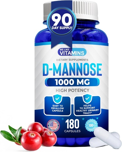 [BRSWKHQQAFYBAFQ7] We Like Vitamins D-Mannose 1000mg Capsules - 180 Easy to Swallow Veggie Capsules - Cranberry D Mannose Supplement Helps Support Bladder and Urinary Tract Health