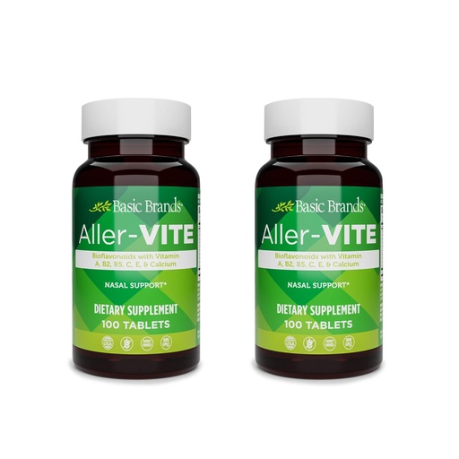 [BRSWYHYYCV5WEFA6] Basic Brands Aller-Vite - Natural Allergy Relief Tablets - Homeopathic Sinus & Nasal Support with Bioflavonoids, Vitamins A, B2, B5, C, E & Calcium - 100 Vegan Tablets - 2-Pack