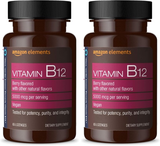 [BRSRAGT7BEFGODLU]   Elements Vitamin B12 Methylcobalamin 5000 mcg - Normal Energy Production and Metabolism, Immune System Support - 2 Month Supply, Berry Flavored Lozenges, 65 Count (Pack of 2)