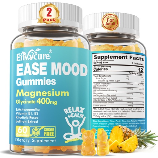 [BRSRMGIPB55QOELG] Sugar Free Magnesium Glycinate Gummies 400mg with Ashwagandha, B1, B3, Rhodiola Rosea & Saffron for Support Rest, Mood & Calm Magnesium Gummies for Adults, Chewable Magnesium Supplement, Vegan, 120Ct