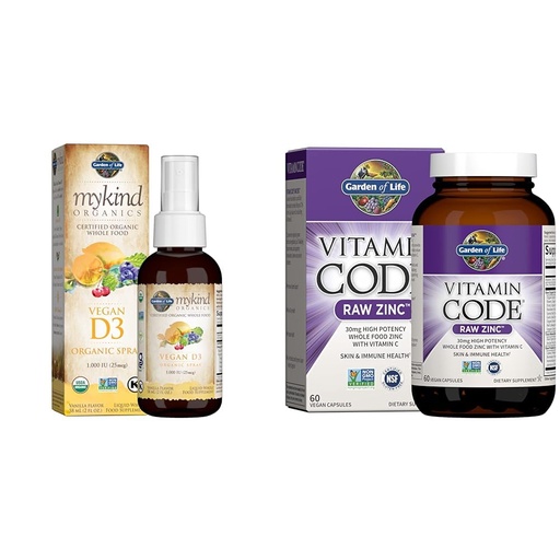[BRSRAYYYCJ6RSETP] Garden of Life Organics Vegan Vitamin D3 Spray 1000 IU, Zinc Supplements 30mg - Vitamin C, Immune & Skin Health
