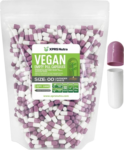 [BRSWY2QNOBYGACQU] XPRS Nutra Size 00 Empty Capsules - 1000 Count Empty Vegan Capsules - Vegetarian Empty Pills - DIY Vegetable Capsule Filling- Veggie Pill Caps (Lavender/White)