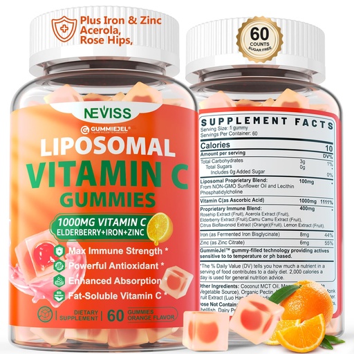 [BRSRAZQYC4DWEHLP] Liposomal Vitamin C 1000mg Gummies for Adults - Vitamin C Chewable with Elderberry, Zinc & 8mg Iron, Sugar Free Vit C Supplements, Daily Immune Support Gummies for Energy, Collagen Booster 60 Counts
