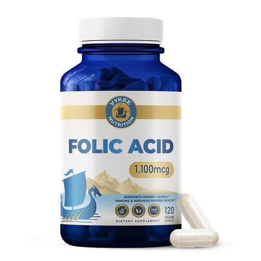 [BRSRAAYFCEMQGCAU] Vykee Nutrition Folic Acid Capsules - Supports Body Processes, Prenatal Health and Energy - Vitamin B9 Supplement for Women - Vegan, Non-GMO, Gluten Free - 1100 mcg, 120 Count
