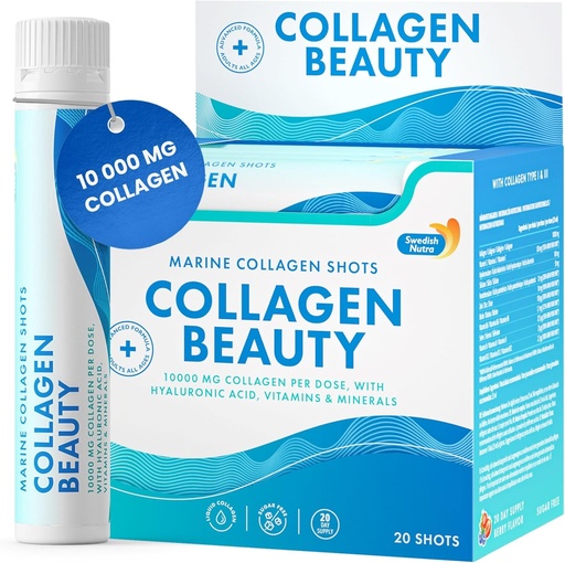 [BRSROGILAF7AAC32] Swedish Nutra - Collagen Beauty | 10,000 mg Hydrolyzed Marine Collagen Liquid Supplement - 20 x 25 ml Daily Shots | Hyaluronic Acid and Vitamin C to Support Healthy Hair, Skin, Nails | Sugar-Free