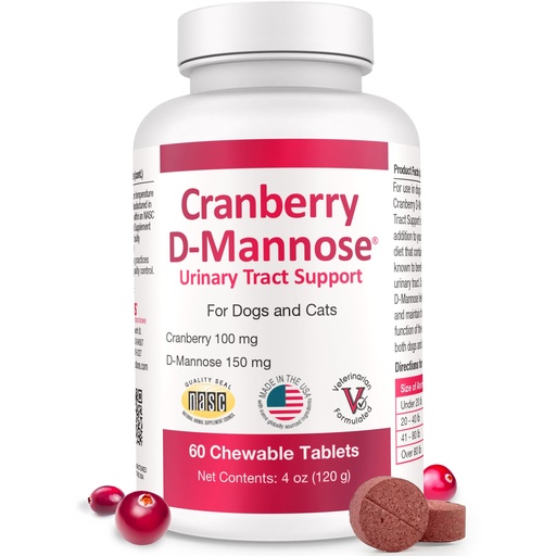 [BRSWIFAZDEHRUG34] Cranberry D-Mannose Urinary Tract Supplement for Dogs & Cats – Bladder & UTI Health Support – Cranberry Extract, D-Mannose & Vitamin C–Promotes Urinary Wellness & Kidney Function – 60 Chewable Tablets