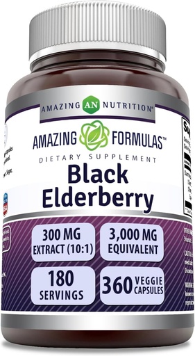 [BRSRAYL2CB5GEH35] Amazing Formulas Sambucus Black Elderberry | 300 Mg Extract 10:1 (3000 Mg Equivalent) | Veggie Capsules | Non-GMO | Gluten-Free | Made in USA (1 Pack, 360 Count)