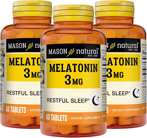 [BRSW2CQ6AUHWMHTF] MASON NATURAL Melatonin 3 mg with B6 & Calcium, Natural Sleep Aid, Supports Restful Sleep, 60 Tablets (Pack of 3)