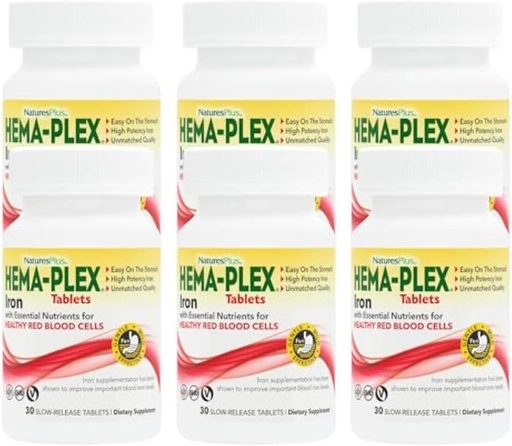 [BRSWIZQ3A54BKGDM] NaturesPlus Hema- Plex Żelazo - 30 Trwałe tabletki uwalniające, Opakowanie 6- 85 mg Żelazo elementarne - Total Blood Health - z witaminą C & Bioflavonoids - Wegan, Gluten Free - 180 Razem Sługi