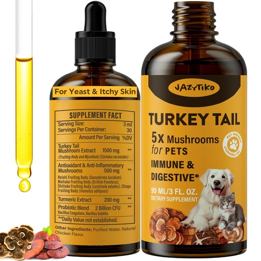 [BRSRAFD6BYIWA2TJ] Turkey Tail Mushroom for Dogs - for Yeast & Itchy Skin, Turkey Tail Mushroom for Immune & Digestive, Joint, Energy, 5X Mushrooms for Pet Drop with Turmeric & Probiotic - Vet Formulated, 90 ML