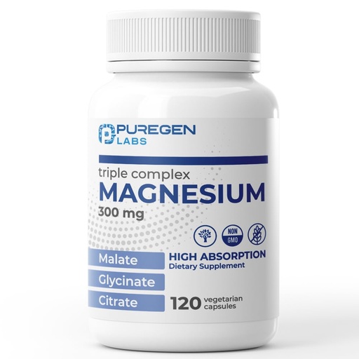 [BRSRAFD2C55Q4HTF] Puregen Labs Triple Magnesium Complex 300mg of Magnesium Glycinate, Malate, & Citrate [High Absorption] 120 Veg Capsules | No Harmful Additives | Non-GMO, NO Gluten and Dairy
