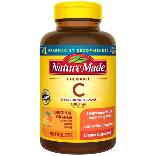 [BRSWYFAHARYGKALA] Nature Made Extra Strength Dosage Chewable Vitamin C 1000 mg per serving, Vitamin C Chewable Dietary Supplement for Immune Support, 90 Tablets, 45 Day Supply