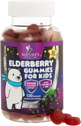 [BRSWYZIQA4JWOE3P] Kids Immunity Support Elderberry Gummies - Daily Children 's Vitamin C, Zink & Kids Immunity Support Gummy - Nature' s Sambucus Elderberry Supplement, Vegan, Gluten- Free, Tasty Berry Flavor - 120 Gummies