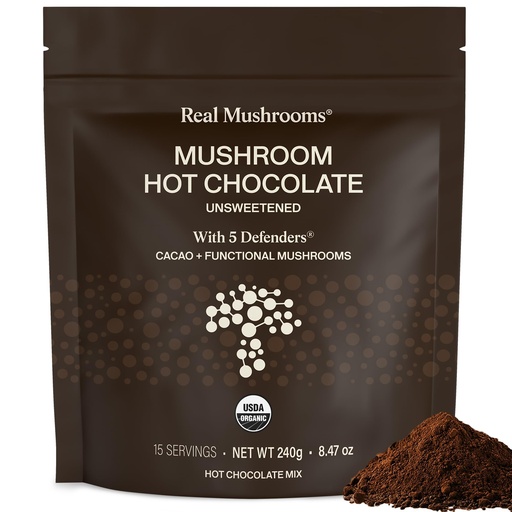 [BRSRMGQFOICBAYLD] Real Mushrooms Unsweetened Hot Chocolate Mix with 5 Defenders – Reishi, Chaga, Turkey Tail, Maitake, Shiitake – Coco Powdered Unsweetened – Organic Cacao Powder Supplement, Vegan, 15 Servings
