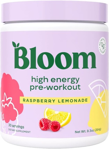 [BRSRMA36CMMBAYDL] Bloom Nutrition High Energy pre Workout z Beta Alanine, Ginseng i L Tyrosine dla Amino Energy, Naturalny proszek kofeinowy z Green Tea Extract, Keto, Sugar Free Drink Mix, Lemoniada malinowa