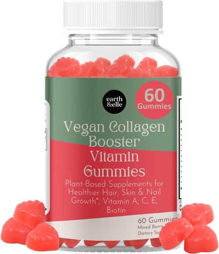 [BRSW2GA7BMDWA3I6] earth & elle Vegan Collagen Booster Gummies for Women with Biotin and Vitamins - Boosts Hair Nails and Skin Health, Anti-Aging - Delicious Sugar Free Berry Flavor - Easy to Chew - 60 Count