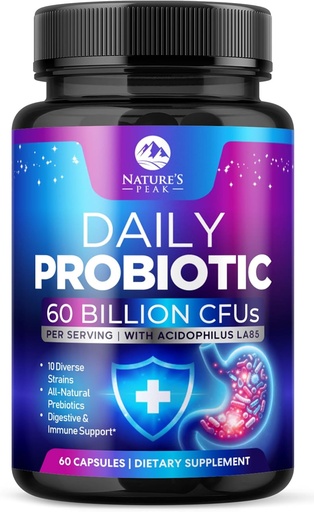 [BRSRAYIDAQHAO23J] Probiotics 60 Billion CFU - 10 Strains + Digestive Enzymes & Prebiotics - Best Probiotic for Women & Men, Supports Immune, Gut Health, Occasional Constipation, Diarrhea, Gas & Bloating - 60 Capsules