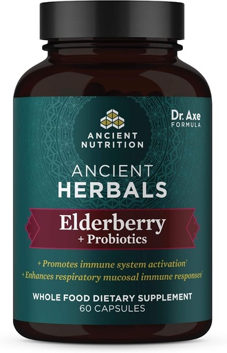 [BRSWYZL3AQMGAFAZ] Ancient Nutrition Elderberry and Probiotics Supplement, Ancient Herbals Black Elderberry Capsules, Immune System Support, Whole Food Supplement, Gluten Free, Paleo and Keto Friendly, 60 Capsules