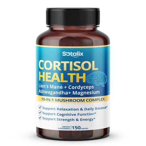 [BRSROHQQOUPBEH37] Cortisol Health Supplement with Magnesium, Ashwagandha, Lion’s Mane & 10 Mushroom Complex – Relaxation, Focus & Energy Support – 150 Capsules – Sotalix – GMO-Free