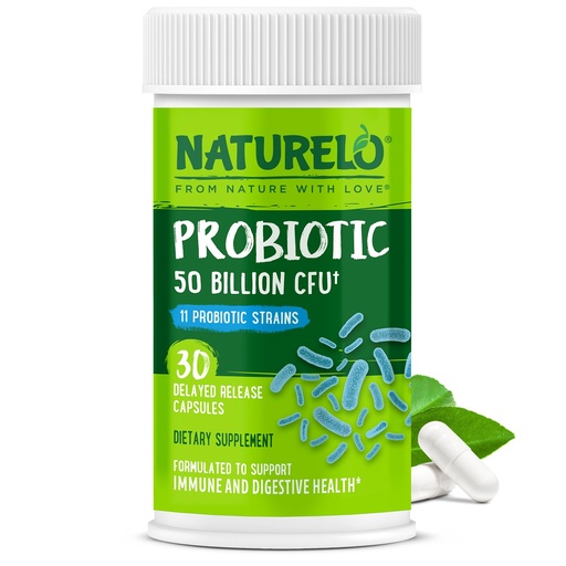 [BRSWGYADCF5AYYA6] NATURELO Probiotics for Digestive Health, 50 Billion CFU, 30 Vegetarian Capsules, 11 Strains, Daily Use Supplement, Delayed Release, No-Fridge, Helps Boost Immune System, Probiotics for Women & Men