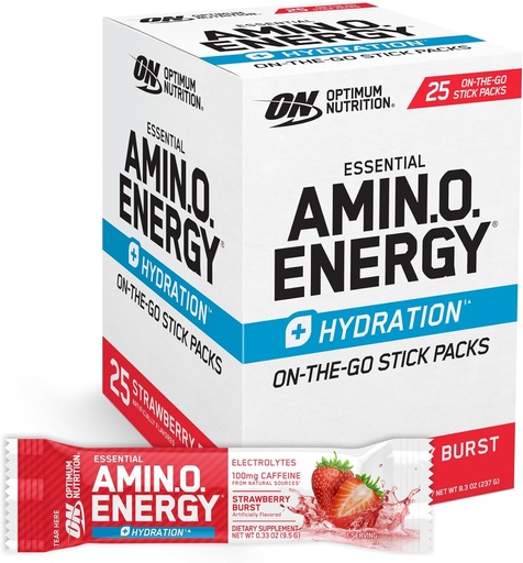 [BRSRAAQHBEGQ423O] Optimum Nutrition Amino Energy Plus Hydration Packets, On-The- Go Energy Powers, Strawberry Burst, 25 Count