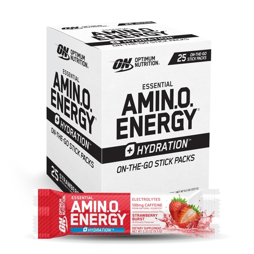 [BRSRAAQHBEGQ423O] Optimum Nutrition Amino Energy Plus Hydration Packets, On-the-Go Energy Powder Stick Packs, Strawberry Burst, 25 Count
