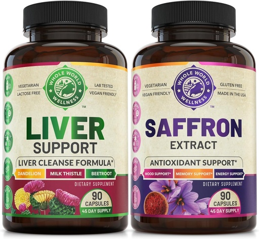 [BRSROBIHBABGKCL3] Liver Cleanse Detox Repair Formula and Pure Saffron Extract Bundle (One Bottle Each). Supports Liver Health, Energy Boost, Mood, Metabolic Function. USA Made.