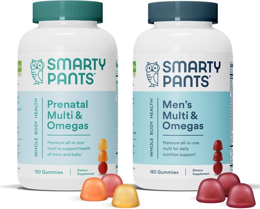 [BRSW2BI3DNYGAH36] SmartyPants Prenatal og Mænds Multivitamin Gummies Bundle: Omega 3 Fish Oil (EPA / DHA), Biotin, Methylfolat, Vitamin D3, C, vitamin B12, B6, A, K & Zink til immunforsvar (30 dages forsyning)