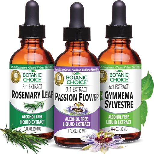 [BRSROFIQOZ6GGHL2] Botanic Choice Passion Flower, Rosemary Leaf, & Gymnema Sylvestre Extraits Bundle – Kit de bien-être global quotidien pour le bien-être général (1 fl. Oz. chaque)