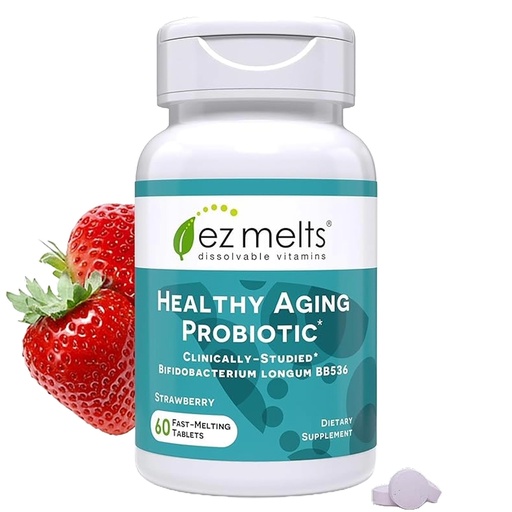 [BRSRAFQ3AF6BUFL6] EZ Melts Healthy Aging Probiotic - Daily Probiotic for Digestive & Gut Health Support - with Bifidobacterium Longum - Non-GMO & Vegan - Strawberry - 60 Dissolvable Tablets (60 Servings)