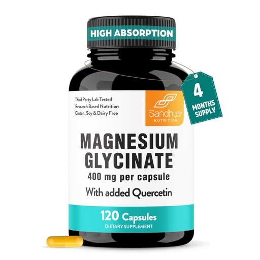 [BRSRAAIZDJ4AODQ3] Magnesium Glycinate 400mg High Absorption Capsules with Quercetin | Quality Sleep, Relaxation & Muscle Health Supplement for Women and Men | Chelated Magnesium 120 Count (Pack of 1) | Easy to Swallow