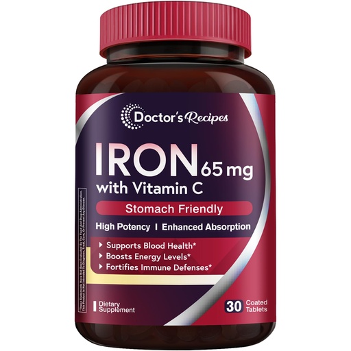 [BRSRAHQDCQPWOFI3] Doctor's Recipes Iron Supplement 65 mg with Vitamin C - Maximized Absorption & Stomach Friendly Iron Pills for Red Blood Cells Formation, Heart, Brain & Immunity Health - Vegan Non-GMO 30 Iron Tablets