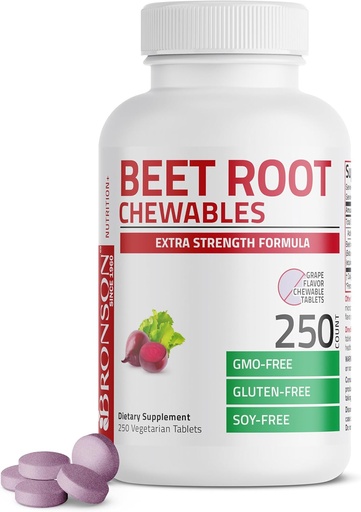 [BRSRMZYQARYGYHL4] Bronson barbabietola Root Chewables 2000 MG, Uva aromatizzata - Extra Forza 2000 MG Per Serve Circulation Support Heart Health & Stamina, Non-GMO, 250 vegetariano Uva aromatizzata Chewable Tablets