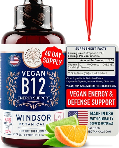 [BRSWYGQ7OZYBAETZ] Vegan Vitamin B12 Liquid - Max Strength Methylcobalamin B12 Sublingual 5000 mcg - Fast Absorbing Supplement for Mood, Memory and Energy Support - Non-GMO, Gluten-Free, Citrus Flavor B 12 Drops, 2oz